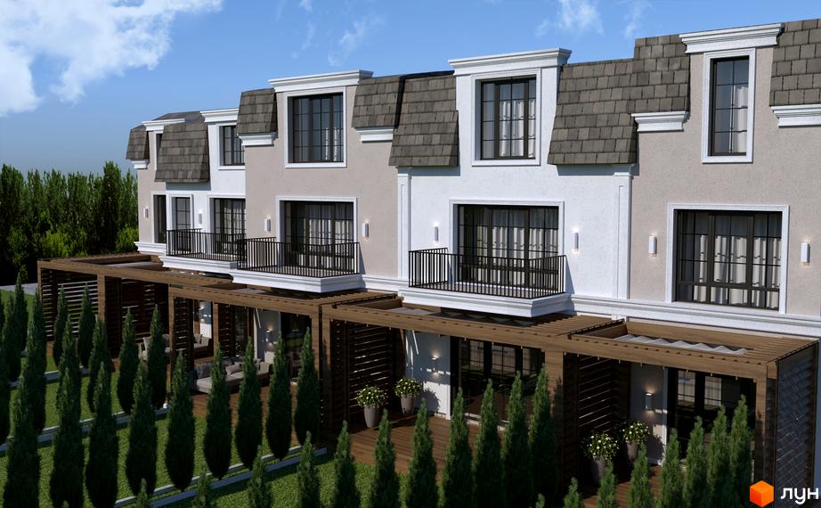 Таунхауси Real House - двоповерхові будинки з балконами та терасами, оточені зеленими насадженнями та деревами.