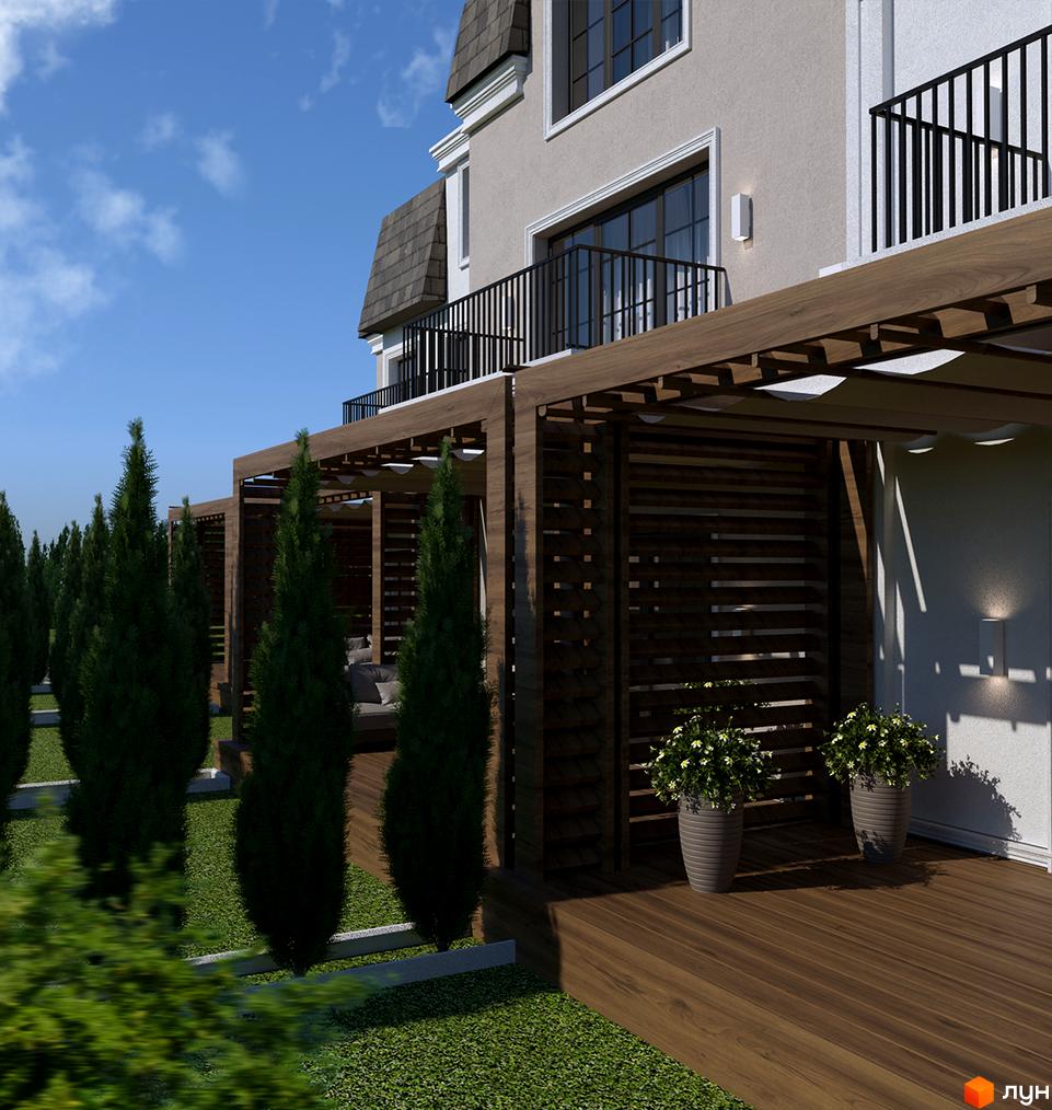 Зображення таунхаусів Real House з терасою та озелененою прибудинковою територією. Вигляд екстер'єру будинку з двору.