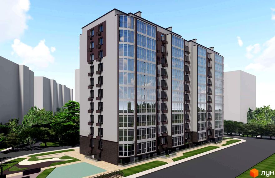 Житловий комплекс Теплий дім Plus - це багатоповерхова новобудова з панорамним склінням та коричневими елементами фасаду, розташована біля зеленої зони з деревами та доглянутою прибудинковою територією.