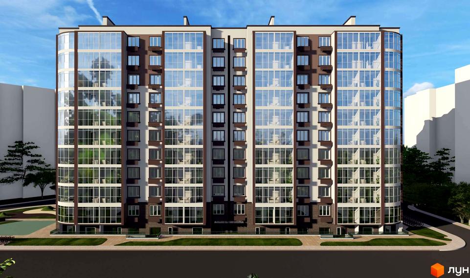 Фасад житлового комплексу Теплий дім Plus з великою кількістю скління та балконами. Навколо будинку облаштована прибудинкова територія з зеленими насадженнями та доріжками.