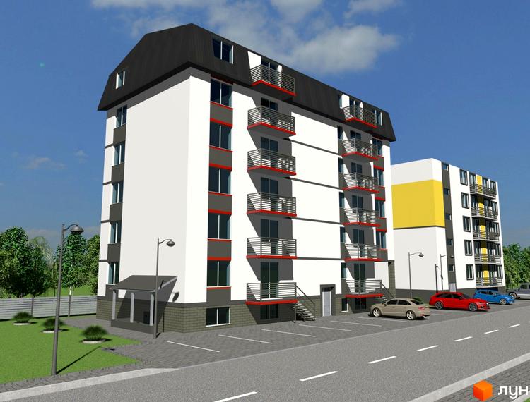 Зображення Житлового комплексу Сонячний. Багатоповерховий будинок з балконами та автомобілями на парковці.