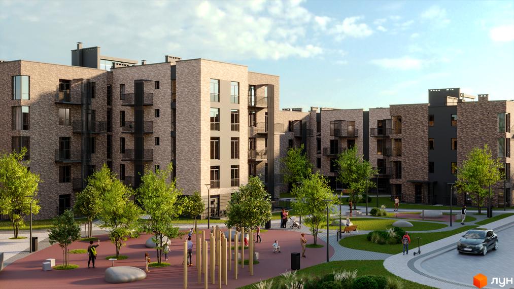 Житловий комплекс Долішній: сучасна архітектура з цегляними фасадами, просторі балкони та облаштована прибудинкова територія з дитячим майданчиком та зеленими зонами.