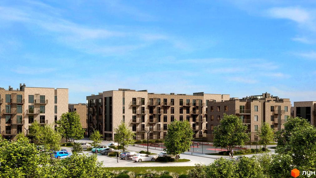 Зображення сторінки житлового комплексу Долішній. Багатоповерхові будинки з балконами, облаштована прибудинкова територія з парковкою та зеленими насадженнями.