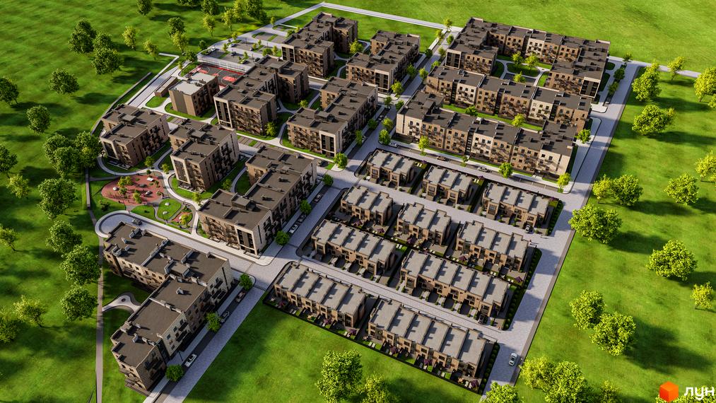 Житловий комплекс Долішній - це сучасна забудова з акуратними фасадами будинків та доглянутою прибудинковою територією з дитячим майданчиком та зонами відпочинку.