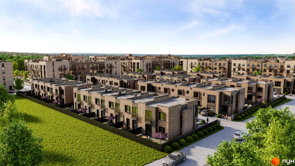 Зображення сторінки ЖК Долішній. Цегляні будинки з плоскими дахами, терасами та зеленими газонами. На території є парковка та доріжки.