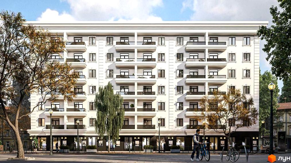 Фасад житлового комплексу Platinum Apartments з балконами та вікнами, перед яким розташована прибудинкова територія з деревами та пішохідною зоною.
