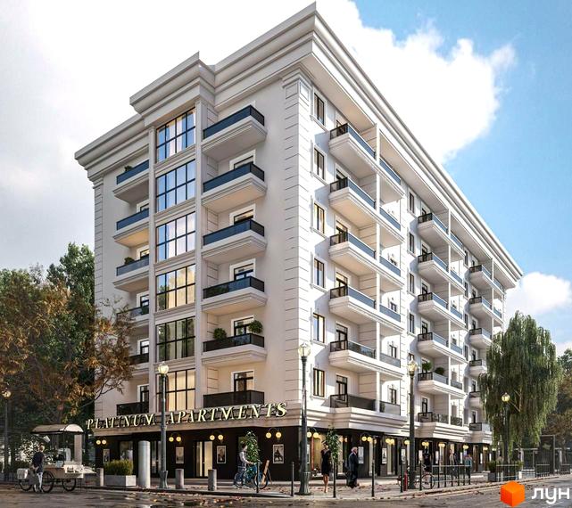 Зовнішній вигляд житлового комплексу Platinum Apartments з балконами та великими вікнами. Навколо будівлі розташовані дерева та міська вулиця з ліхтарями.