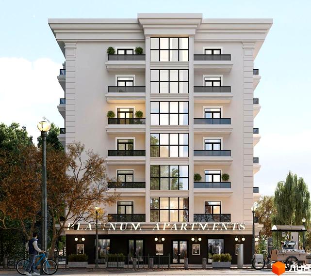 Зовнішній вигляд новобудови Platinum Apartments з балконами та великими вікнами. Поруч розташована прибудинкова територія з деревами та ліхтарем.