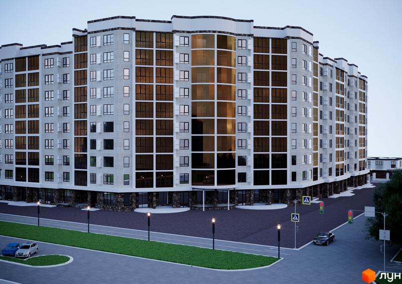 Зовнішній вигляд новобудови ЖК Олімп з великою кількістю вікон та прибудинковою територією з дорогою та зеленими насадженнями.