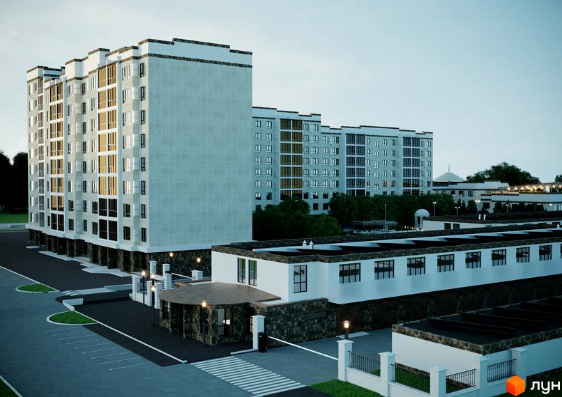 Зовнішній вигляд житлового комплексу Олімп з багаторівневими фасадами та скляними балконами. На прибудинковій території розташовані паркомісця та зелені зони.