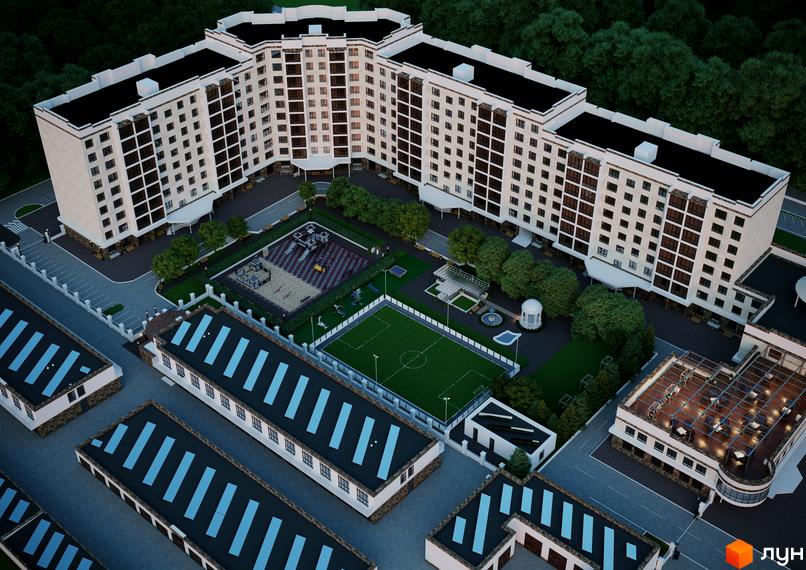 Житловий комплекс Олімп - це багатоповерхові будинки з білими фасадами та чорними дахами, на території є дитячий майданчик, футбольне поле та зона відпочинку.