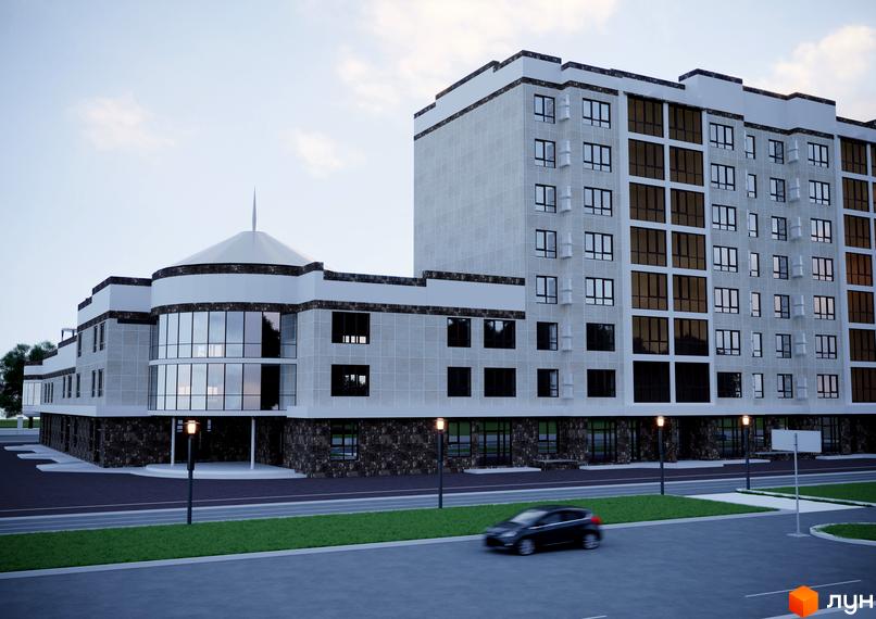 Житловий комплекс Олімп – це багатоповерхова новобудова з панорамними вікнами та оздобленням фасаду під камінь. Навколо будинку облаштована прибудинкова територія з тротуаром та зеленими насадженнями.