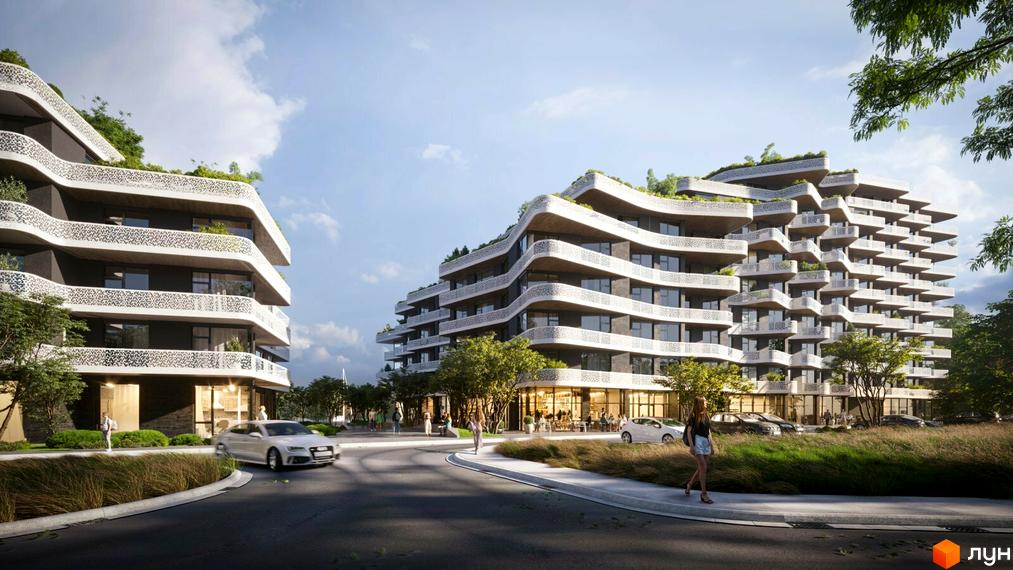 Obolon House - новобудова з хвилястими фасадами та зеленими терасами. Навколо комплексу облаштована прибудинкова територія з деревами та місцями для відпочинку.