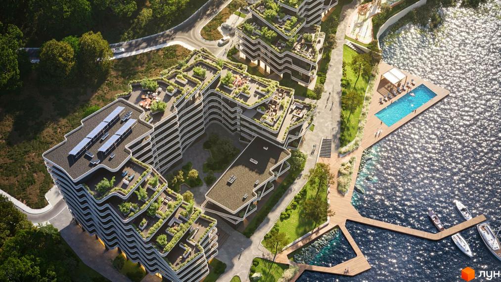 Obolon House - житловий комплекс з хвилястими фасадами, терасами з зеленню та сонячними панелями на даху. Поруч розташований басейн, пірс з яхтами та зона відпочинку біля води.