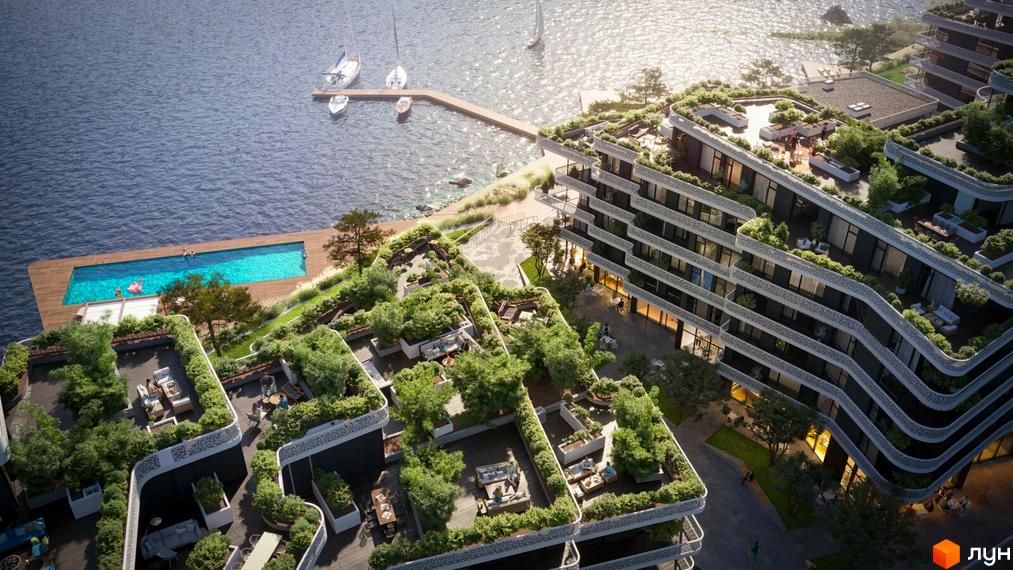 Obolon House: вид згори на багаторівневі будівлі з терасами, що потопають у зелені, та басейн біля води.