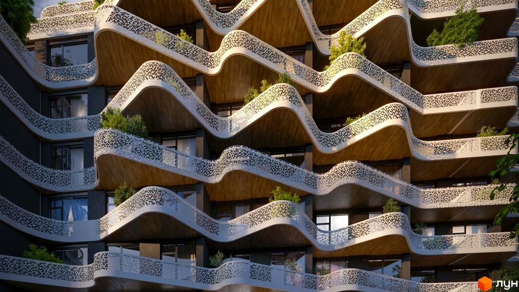 Obolon House - новобудова з хвилястими балконами та зеленню, що створюють унікальний архітектурний вигляд. Сучасний дизайн фасаду з ажурними огорожами.