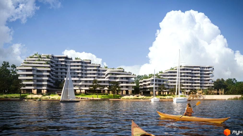 Obolon House - житловий комплекс з каскадними терасами, що виходять до води, з яхтами та каяками на передньому плані.