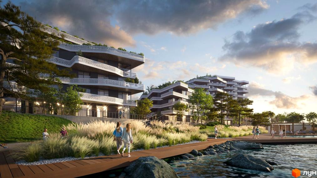 Obolon House - житловий комплекс з хвилястими фасадами та зеленими терасами біля води. Набережна з дерев'яним настилом та зонами відпочинку.