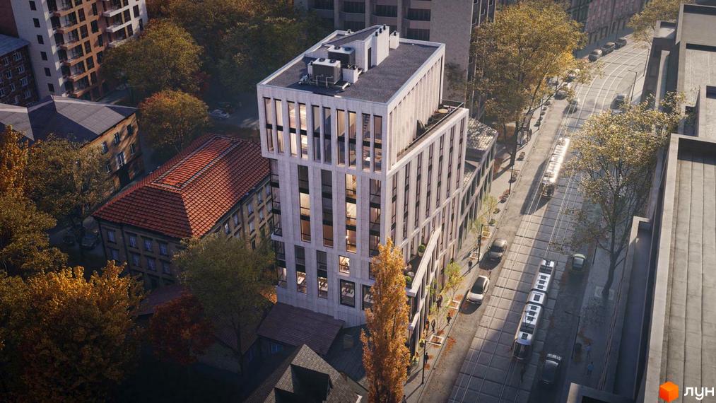 Клубний будинок Dmytrivsky - це сучасна новобудова з елегантною фасадною обробкою та великими вікнами, розташована на вулиці з трамвайними коліями та деревами.