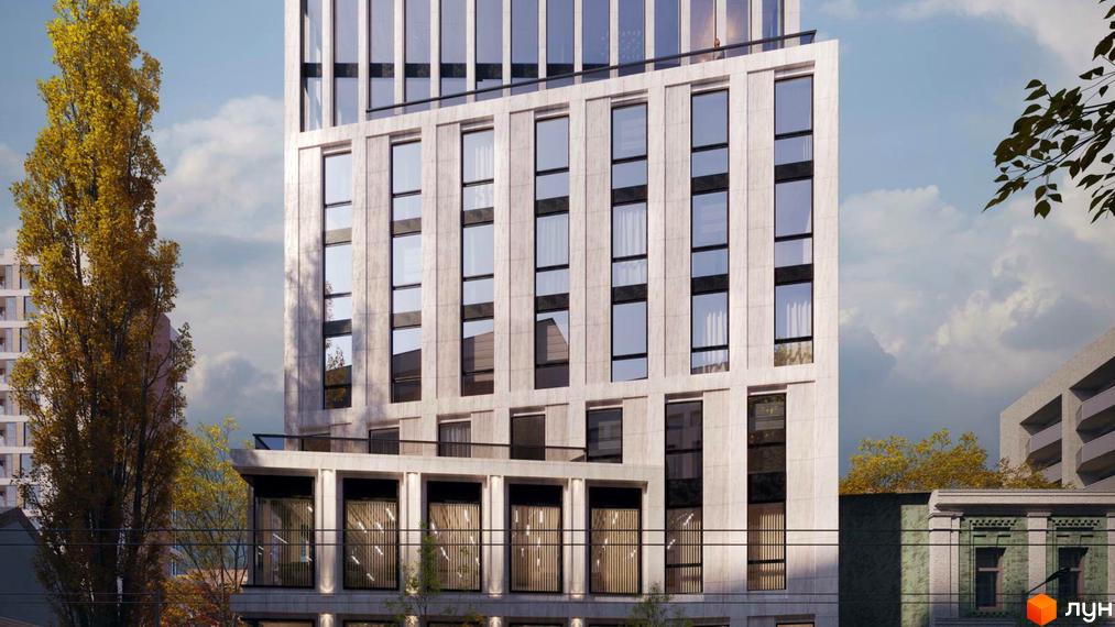 Клубний будинок Dmytrivsky - це сучасна новобудова з елегантним фасадом та великими вікнами, що виходить на зелену зону.