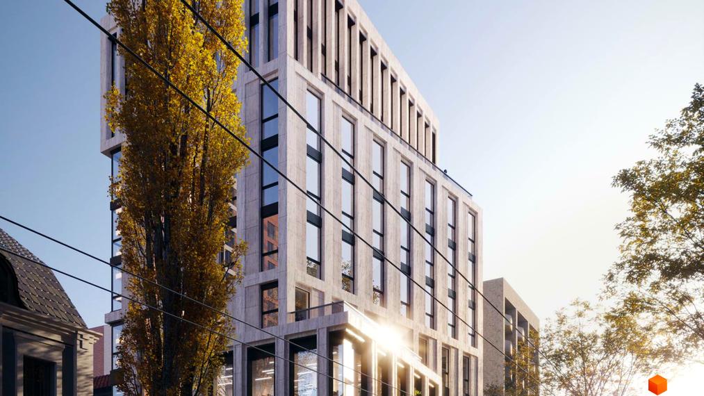 Клубний будинок Dmytrivsky - це сучасна новобудова з елегантним фасадом з натурального каменю та великими панорамними вікнами. Навколо будинку зеленіють дерева, створюючи затишну атмосферу.