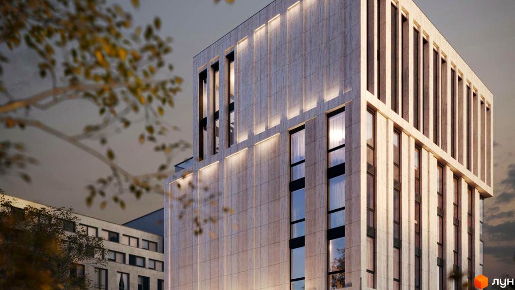 Клубний будинок Dmytrivsky – це сучасна новобудова з елегантною фасадною обробкою та панорамними вікнами, що виходить на зелену зону.