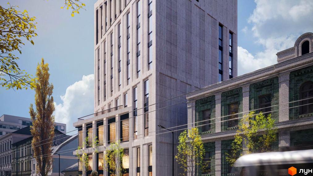 Клубний будинок Dmytrivsky - це новий житловий комплекс з фасадом з натурального каменю та великими вікнами. Навколо будинку зелені насадження та дерева.