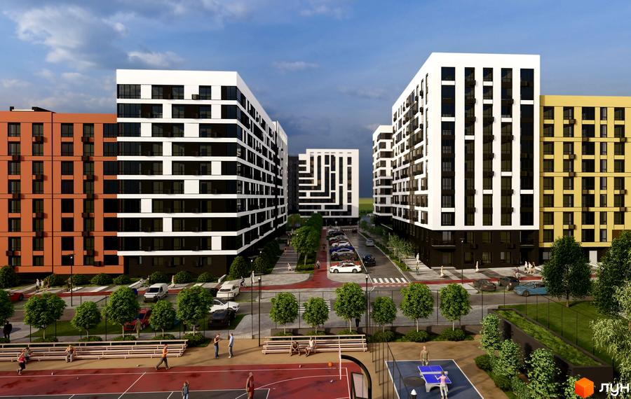 Житловий комплекс FREEDOM з фасадами білого, чорного, теракотового та жовтого кольорів. На прибудинковій території розташовані зелені насадження, спортивні майданчики та місця для відпочинку.