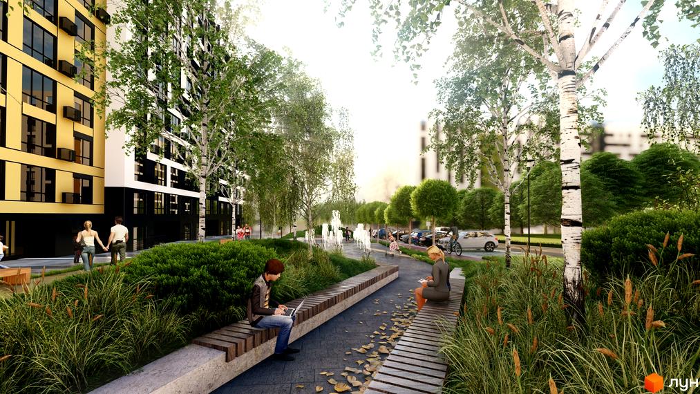 Житловий комплекс FREEDOM: фасади будівель з жовтими та білими акцентами, зелена прибудинкова територія з фонтанами та зонами відпочинку.