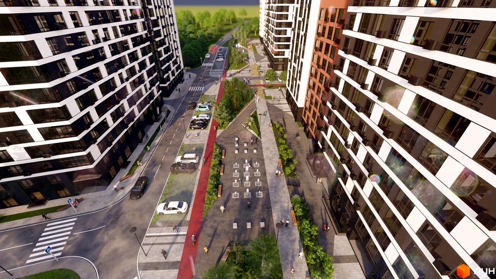 Зображення Будівельного проєкту FREEDOM з висоти пташиного польоту. На фото видно багатоповерхові будинки та пішохідну алею з фонтанами.