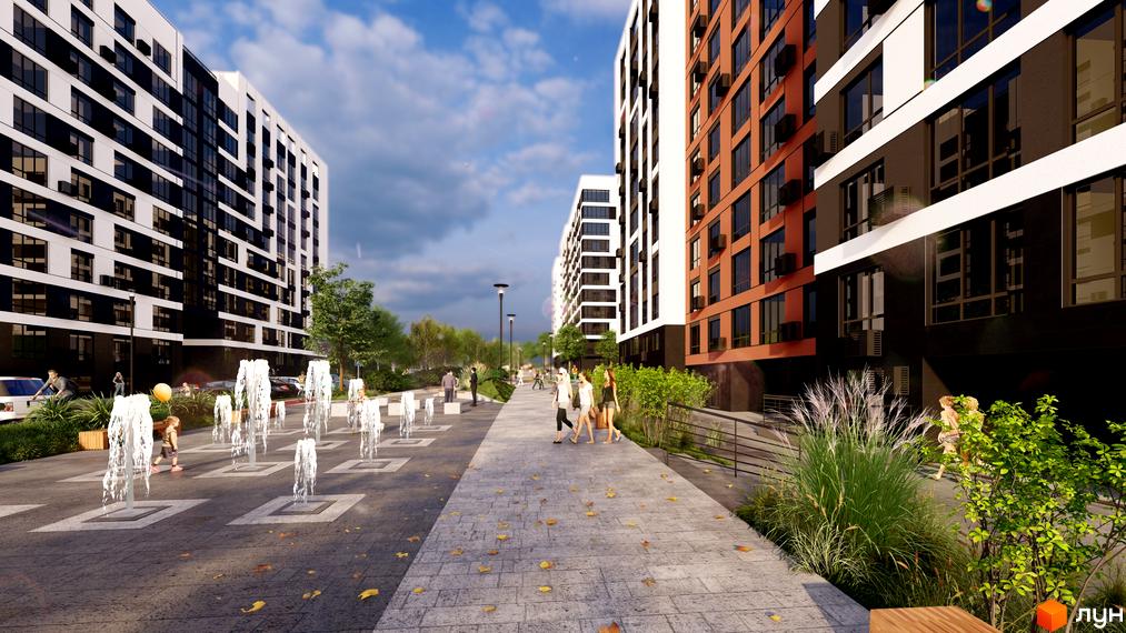 Житловий комплекс FREEDOM: фасади будівель з чорно-білими та теракотовими елементами, доріжка з фонтанами та зонами відпочинку.