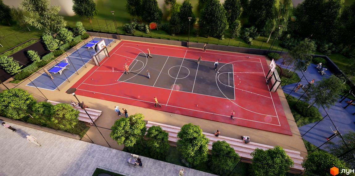 Житловий комплекс FREEDOM: спортивний майданчик із баскетбольним полем, тенісними столами та зонами для тренувань. Навколо – зелена територія з лавками.
