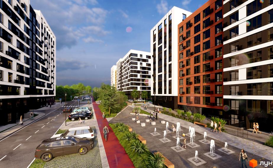 Житловий комплекс FREEDOM з білими та коричневими фасадами, паркінгом та зоною відпочинку з фонтанами. Сучасний житловий район з розвиненою інфраструктурою.