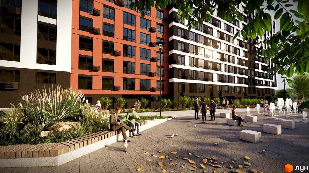 Зображення фасаду та прибудинкової території Житлового комплексу FREEDOM. На території є лавки, газони та фонтан.