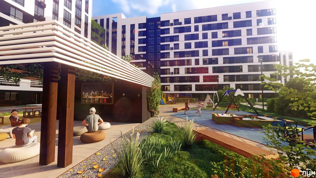 Житловий комплекс FREEDOM з сучасною архітектурою та облаштованим внутрішнім двором з дитячим майданчиком та зонами відпочинку.