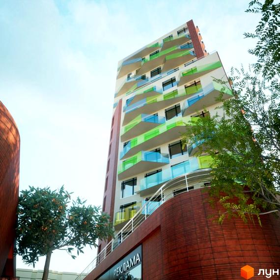 Зображення фасаду та балконів Житлового комплексу на Величковського. Вигляд новобудови з прилеглою територією.