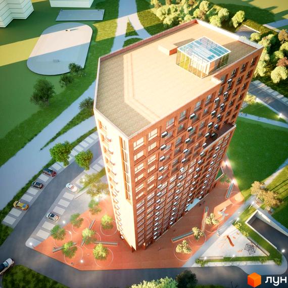 Високоякісна новобудова ЖК на Величковського з цегляним фасадом та скляним дахом. На прибудинковій території розташовані зелені зони, дитячий майданчик та парковка.