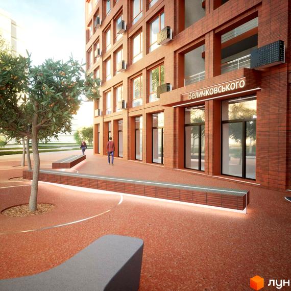 Житловий комплекс на Величковського - цегляна новобудова з великими вікнами та затишною прибудинковою територією з лавками та деревами.