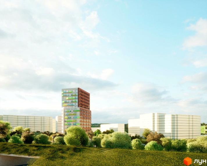 Житловий комплекс на Величковського - це сучасна новобудова з цегляним фасадом та зеленими балконами, оточена доглянутою прибудинковою територією з деревами та газонами.