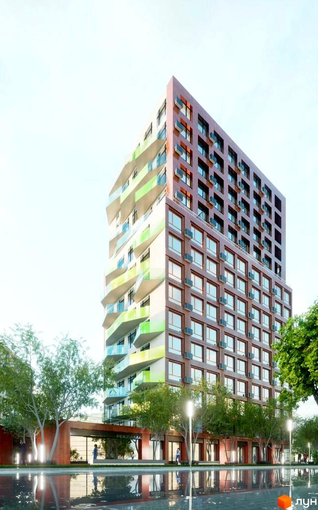 Зображення фасаду та прибудинкової території Житлового комплексу на Величковського. Багатоповерхова будівля з оригінальним дизайном та озелененням.