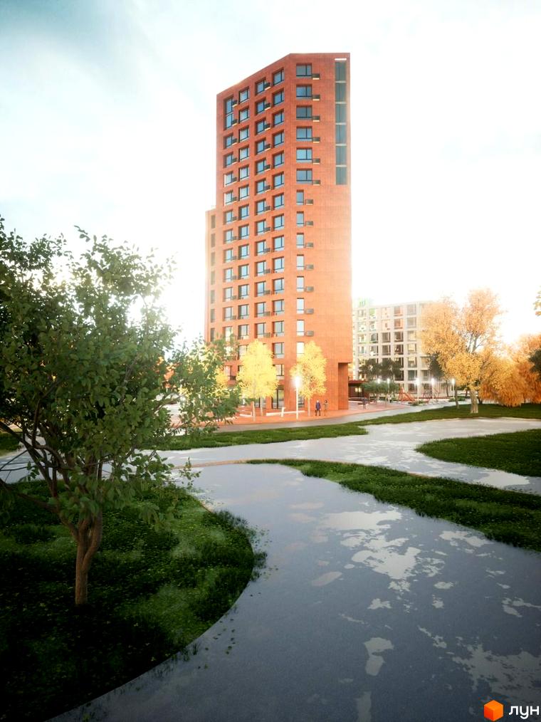 Зображення висотного будинку в Житловому районі на Величковського. Навколо зелена територія з деревами та пішохідними доріжками.