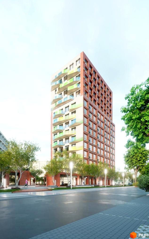 Зображення фасаду та прибудинкової території Житлового комплексу на Величковського. Високий будинок з різнокольоровими балконами та деревами.