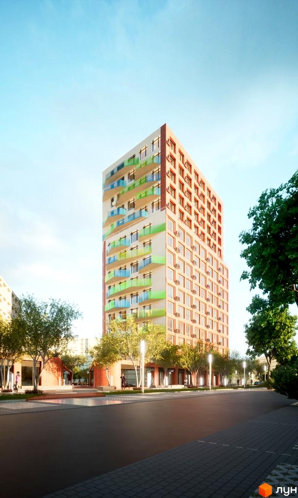 Зображення багатоповерхового будинку в Житловому комплексі на Величковського. Навколо будівлі розташовані дерева та пішохідна зона.