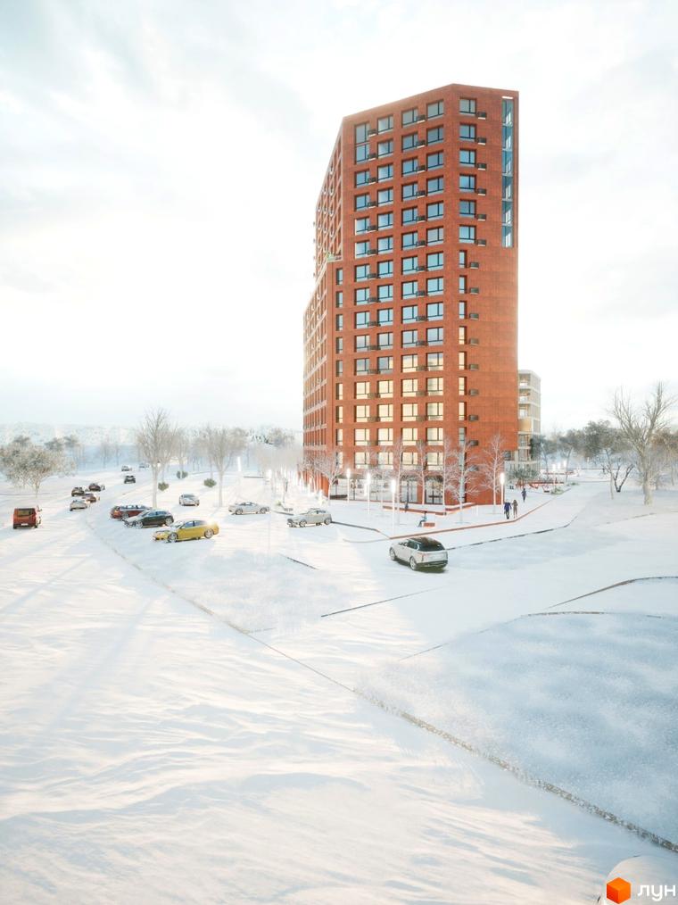 Новобудова ЖК на Величковського у Львові. Навколо будинку засніжена територія з деревами та автомобілями.