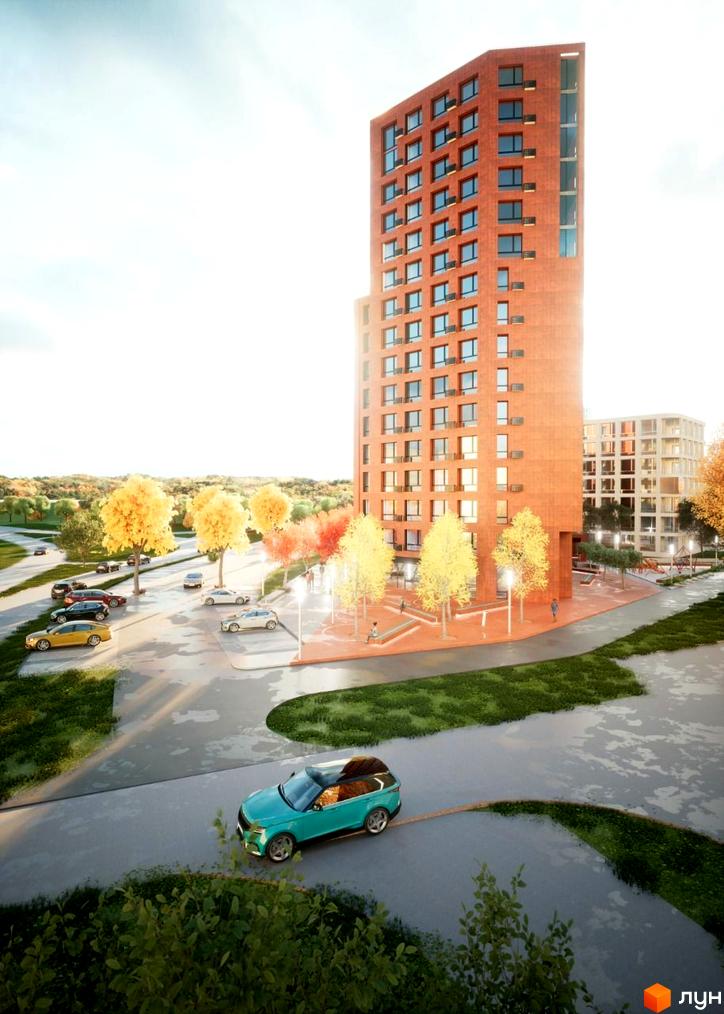 Зображення фасаду та прибудинкової території Житлового комплексу на Величковського. Вигляд новобудови ззовні.