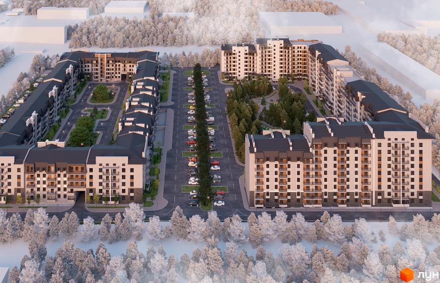 Зовнішній вигляд житлового комплексу 9 Район з багаторівневими будівлями та паркінгом, що оточує зелену зону з деревами та дитячим майданчиком.