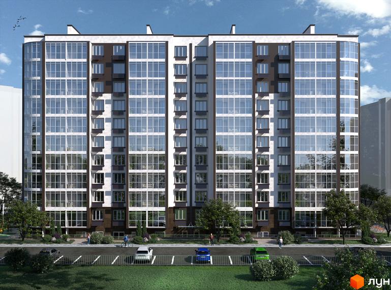 Зовнішній вигляд новобудови ЖК Теплий дім Plus з великою кількістю скляних фасадів та прибудинковою територією з парковкою та зеленими насадженнями.