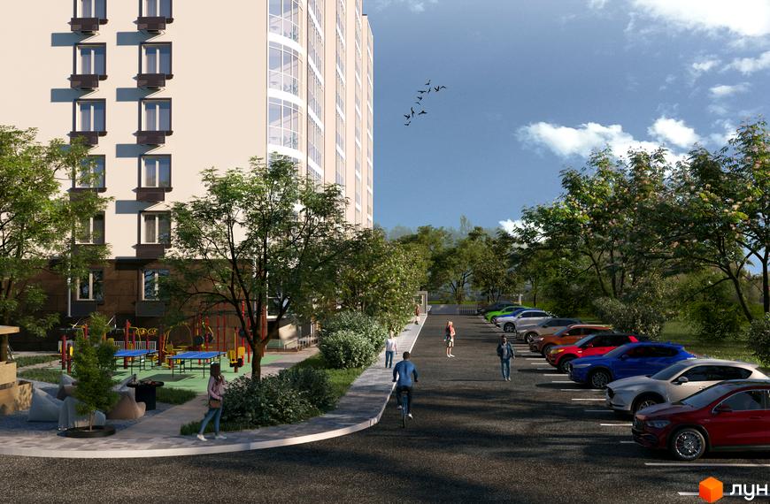 Житловий комплекс Теплий дім Plus з багатоповерховим будинком та прибудинковою територією з парковкою та дитячим майданчиком.