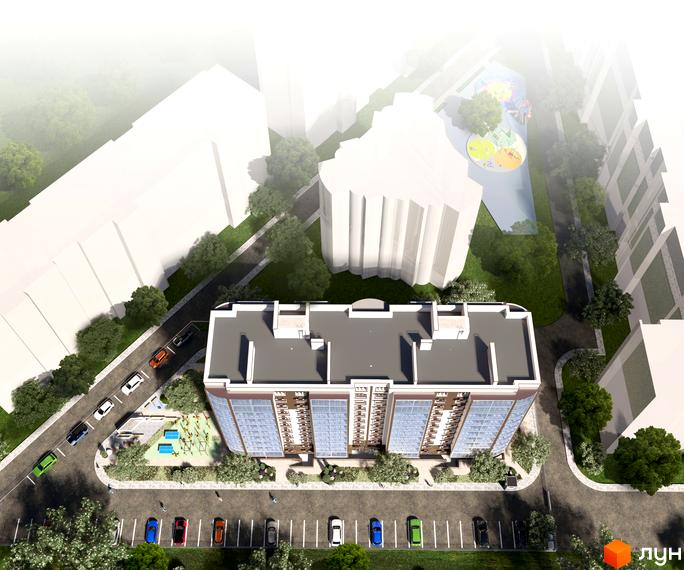 Вид зверху на житловий комплекс Теплий дім Plus з багатоповерховими будинками та прибудинковою територією з парковкою та дитячим майданчиком.