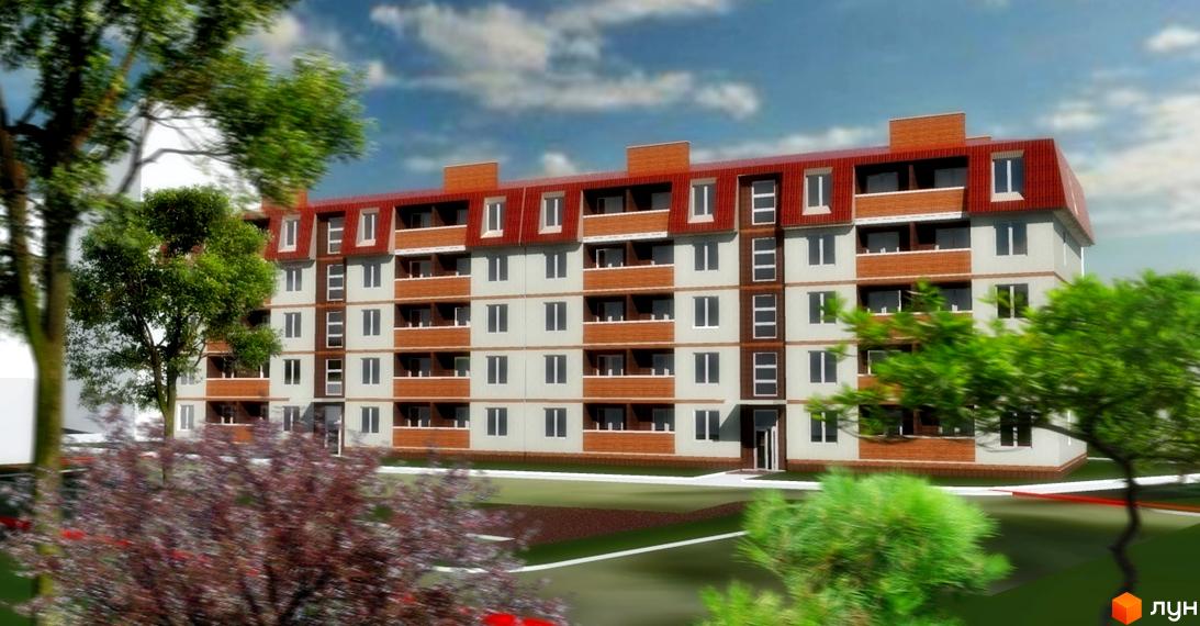 Зовнішній вигляд новобудови ЖК Лазурний з червоним дахом та балконами. Навколо будинку зелені дерева та кущі.
